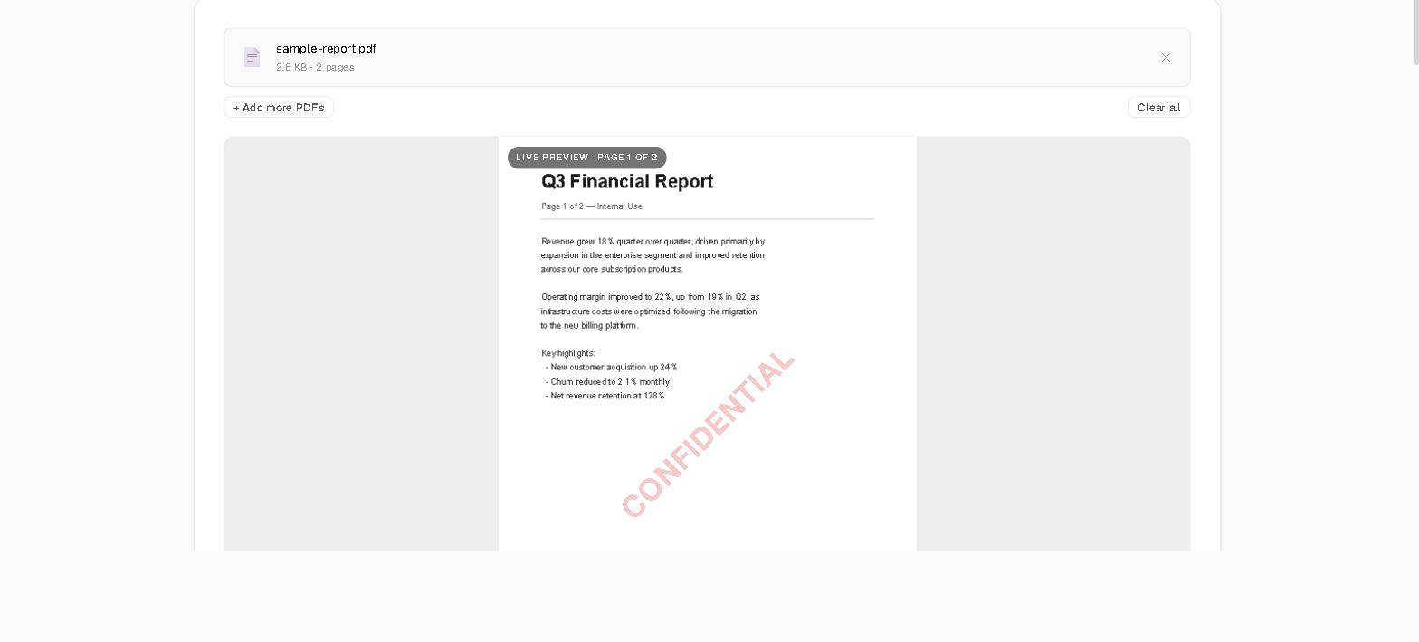 PDF Watermark: Stamp CONFIDENTIAL, DRAFT, or Your Logo Onto Any PDF — Live Preview, No Upload